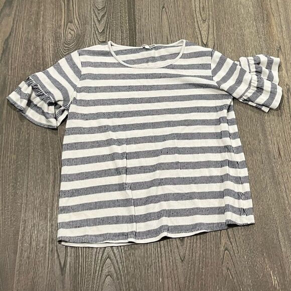 Pleione White Gray Striped Knit Scoop Neck Short Sleeve Shirt Size S - Picture 1 of 4